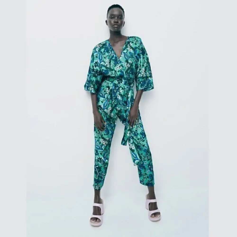 Zara NWT Blue Paisley Belted Wide Leg Jumpsuit S